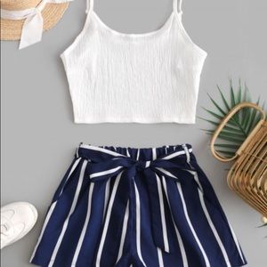 Crop Cami Top And Striped Belted Shorts Set